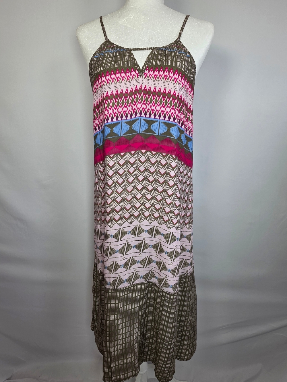 prAna Boho Geometric Print Midi Dress Pink Olive Strappy Flowy Lined Sundress S